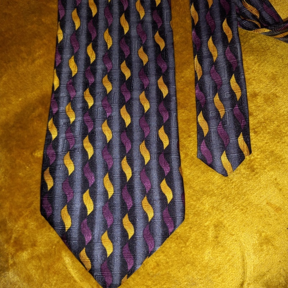 Brown & Church Mens Silk Tie Gold Purple Geometric Abstract Handmade 90s Vintage